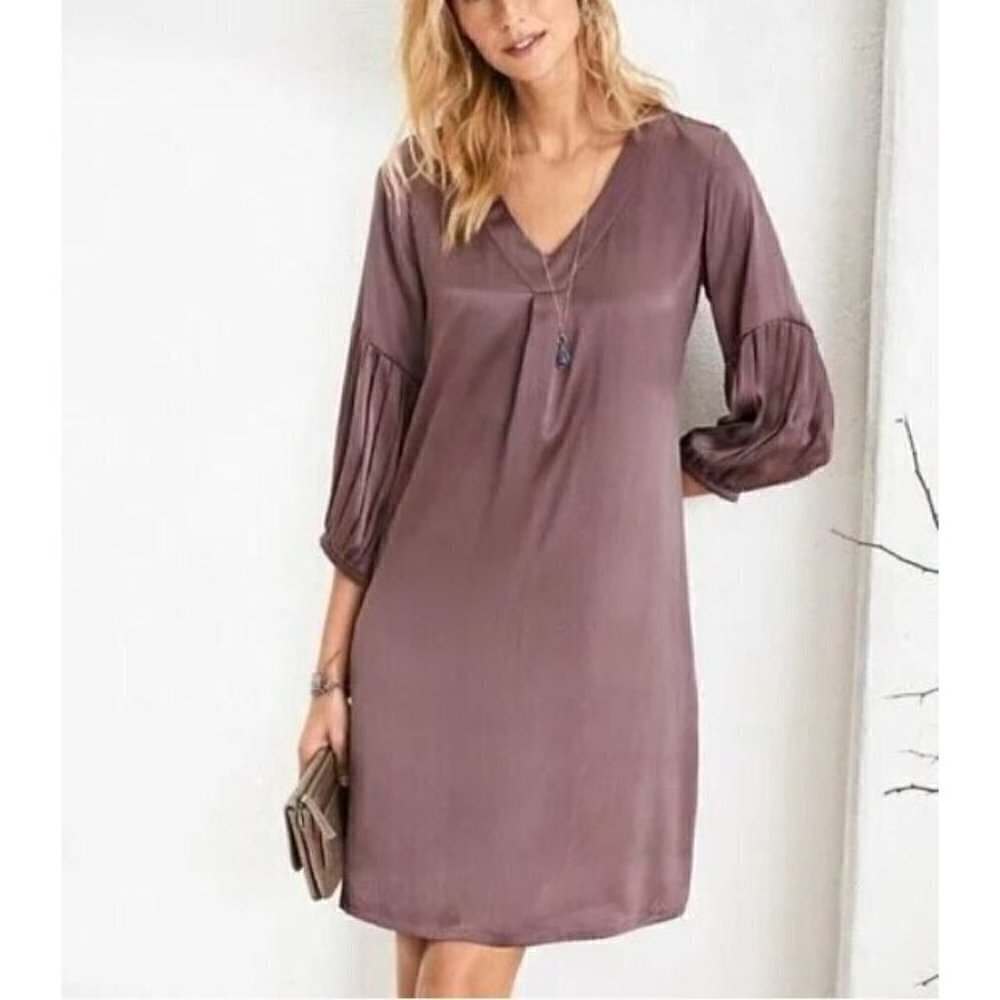 Garnet Hill Dress Womens 4 V Neck Pleat Detail Long Sleeve Silk Dusty Purple